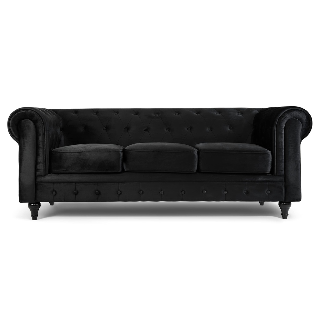 Bravich Velvet Chesterfield Sofa- Black. 3 Seater Settee, Soft Plush Fabric Couch