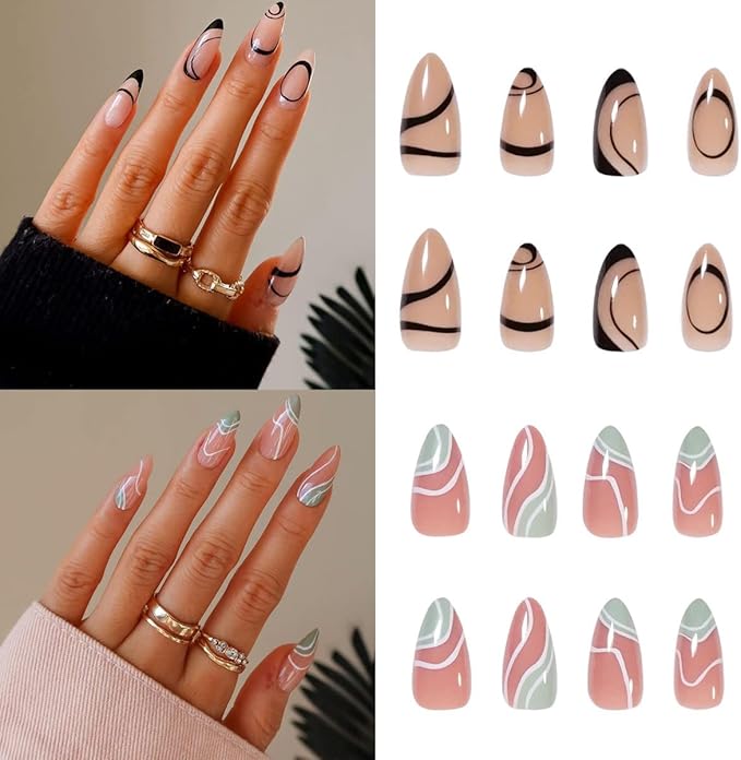 Job Lot of 50 x French Tip Press on Nails Short Almond Shape - 48Pcs Black Wavy Lines Design, with Nail File