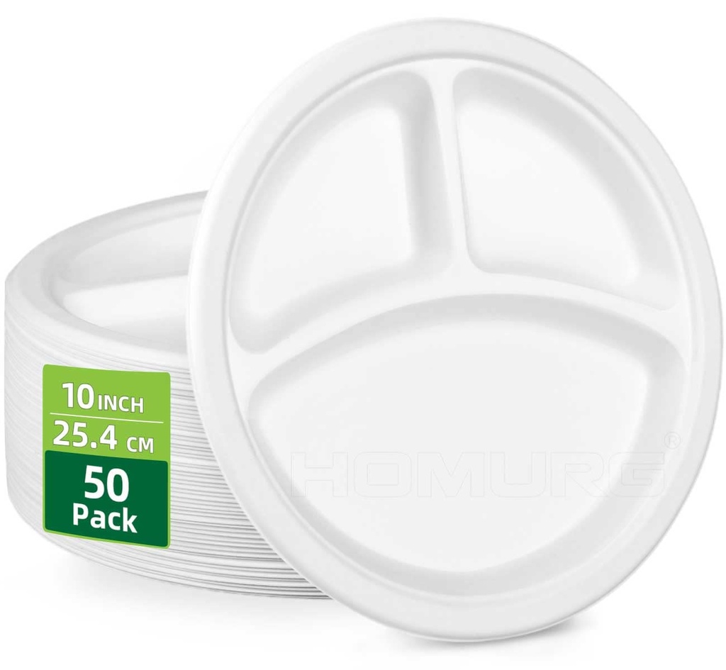 HOMURG 10 Inch Disposable Paper Plate with 3 Compartments in White, Strong Compostable Dinner