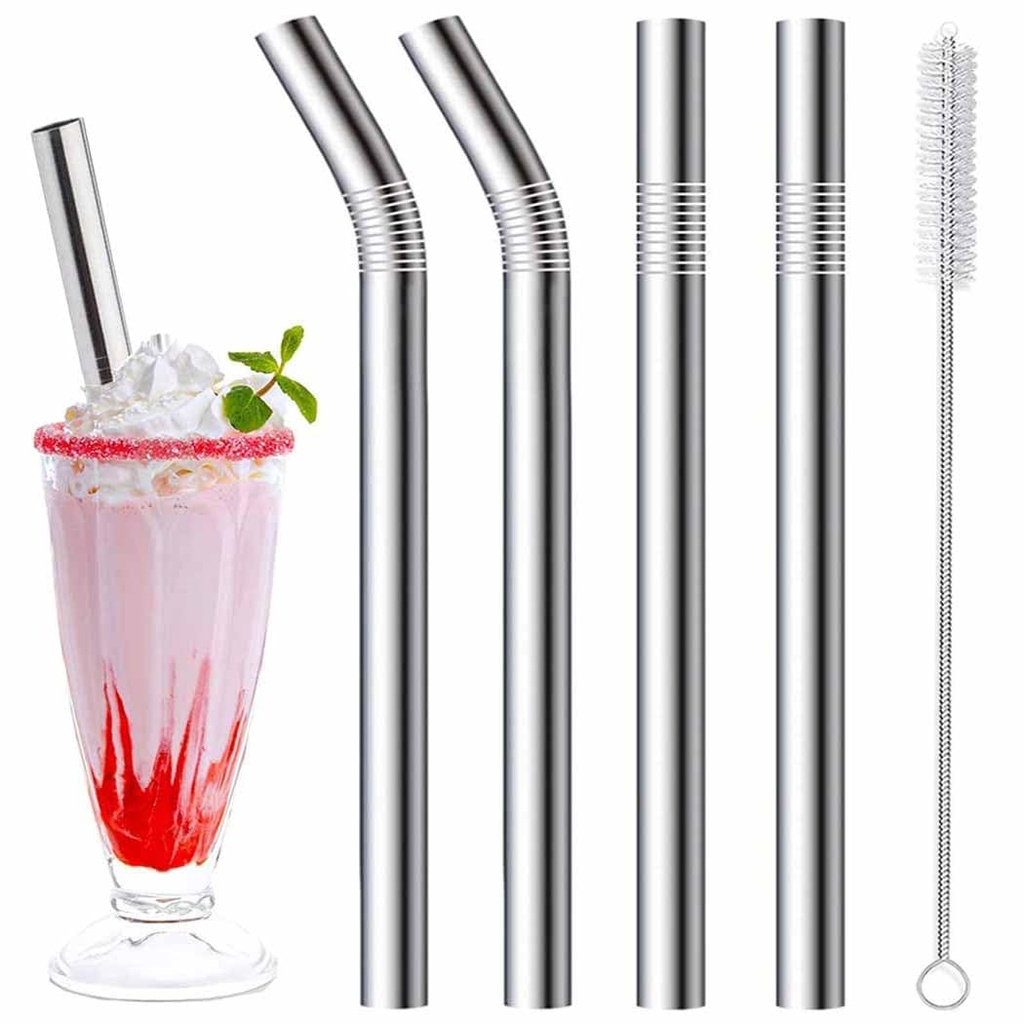 Milkshake Straws 10mm Wide Straws, 4 Pack Stainless Steel Straws 266mm & 216mm Long Straw