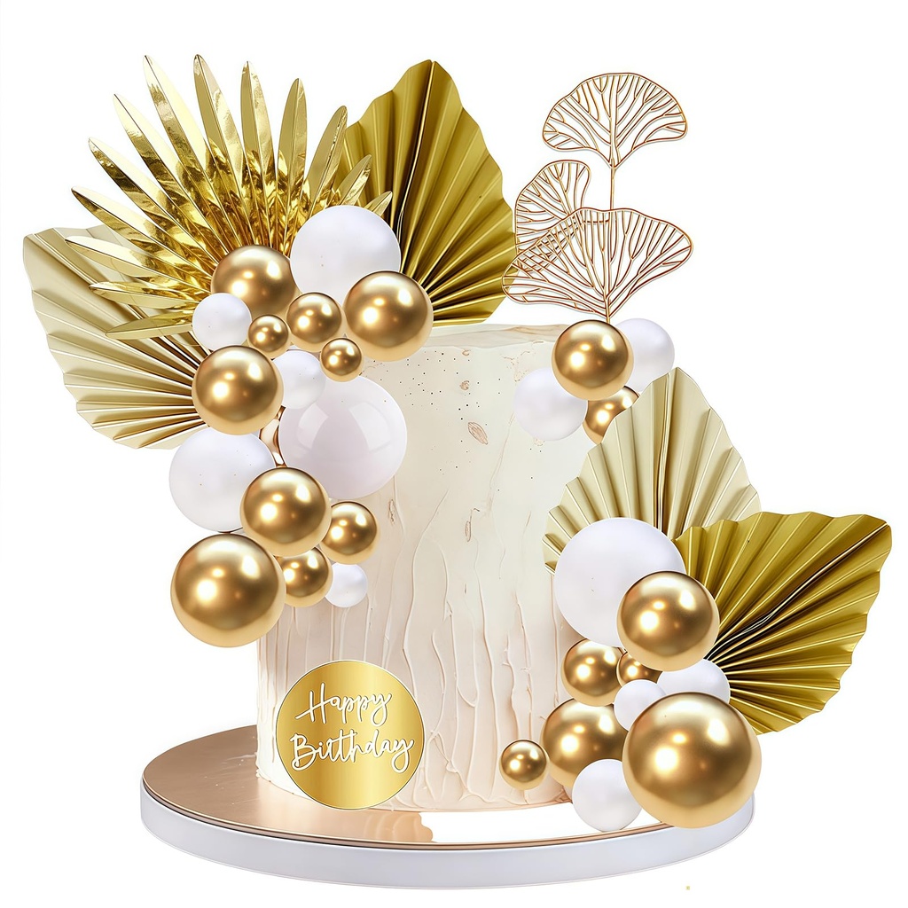 Champagne Rose Cake, 28 PCS Ball Cake Toppers Decorations, Boho Cake Decoration, Gold Palm
