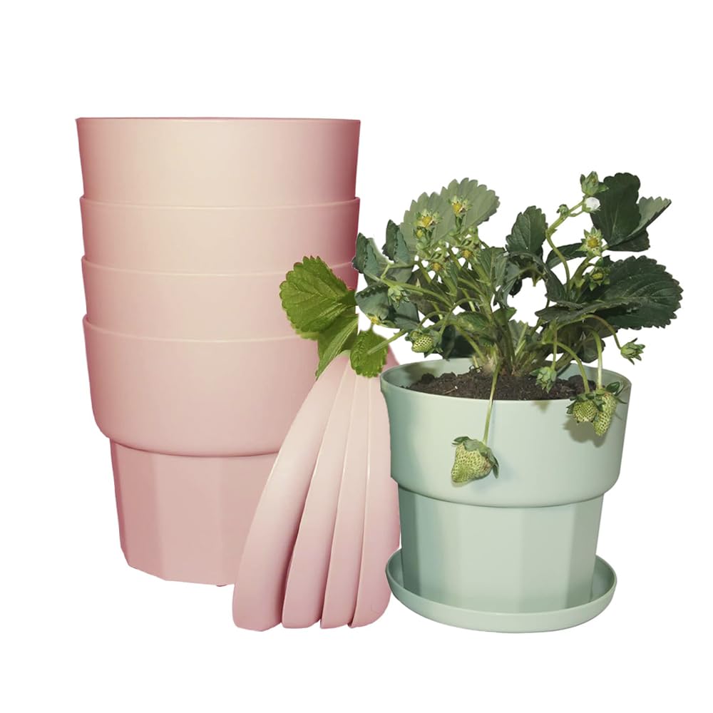 14cm Plant Pots - 4Pack Thick Plastic Indoor/Outdoor Planters with Drainage Holes and Tray