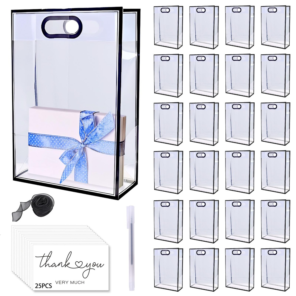 WATUNID 25PCS Transparent PVC Black Gift Bag with Handle, 25x18 x9cm Clear Gift Bags