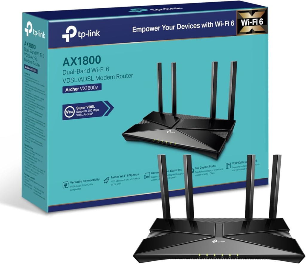 TP-Link Archer VX1800v AX1800Mbps Dual-Band Wi-Fi 6 Gigabit VDSL/ADSL Modem Router