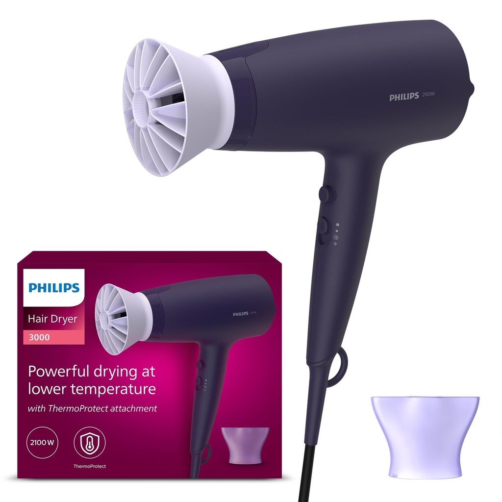 Philips Hair Dryer 3000 Series, ThermoProtect Attachment, with Nozzle