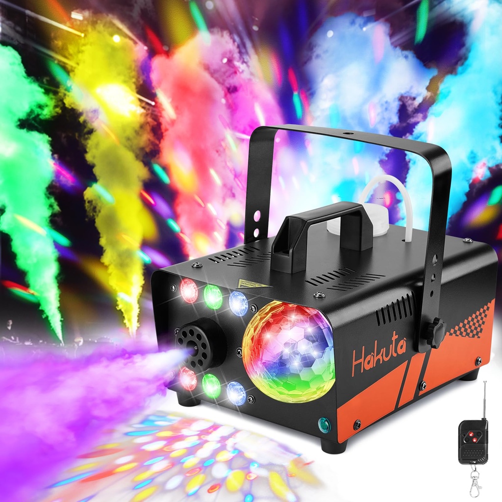 Fog Machine, HAKUTA Smoke Machine with Disco Ball Lights and LED RGB Lights, 2300 CFM Spray