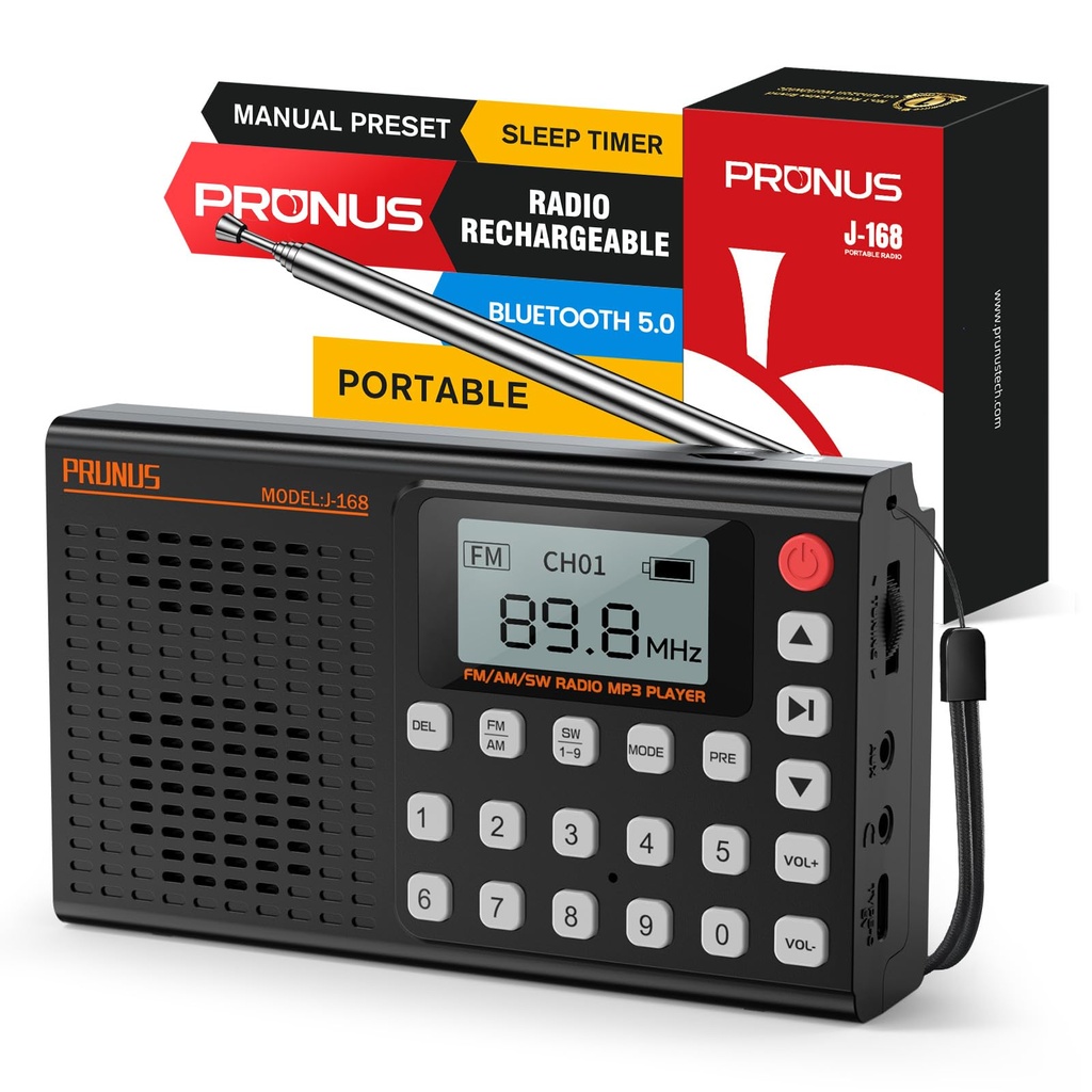 PRUNUS J168 Portable Radio AM FM SW with Bluetooth, Excellent Reception, Preset, TF Card 