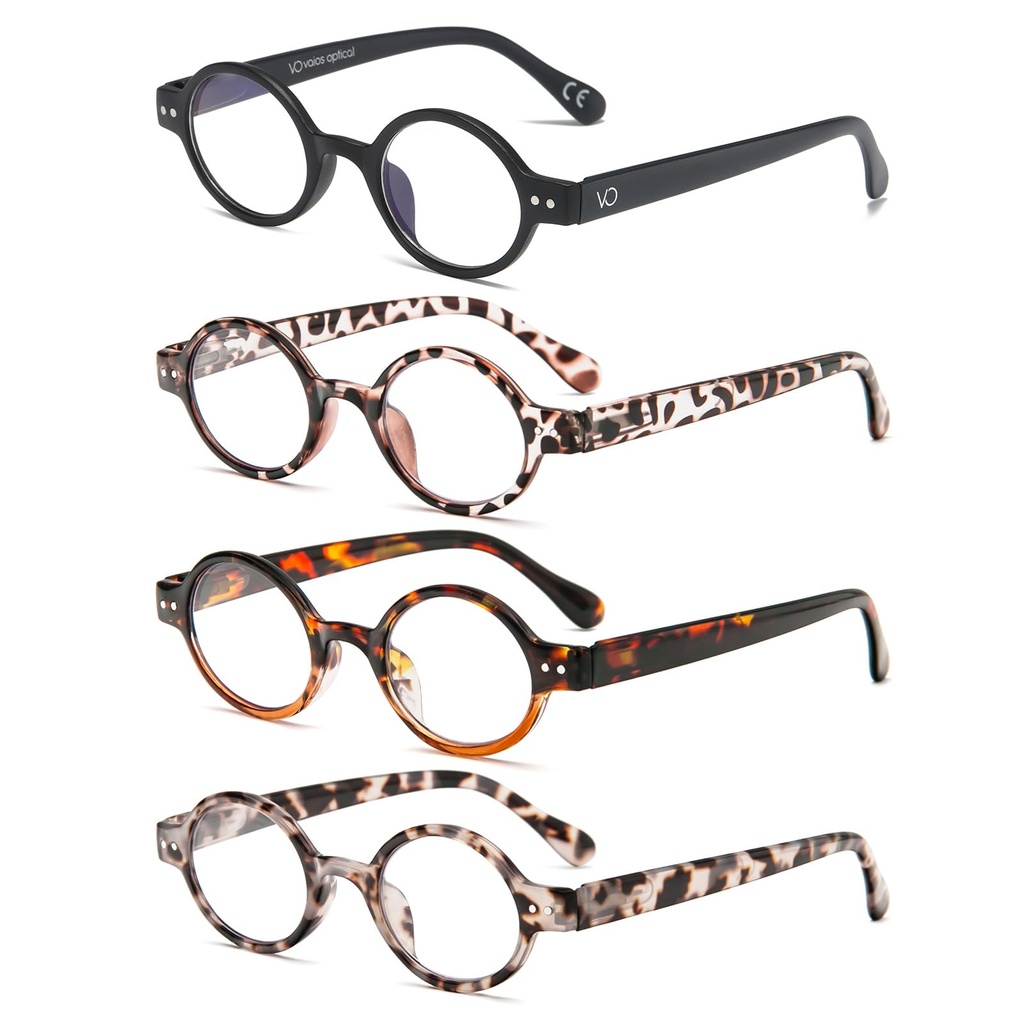 KoKoBin 4-Pack Mini Small Round Reading Glasses Comfortable Style Spring Hinges Eyewear Rea