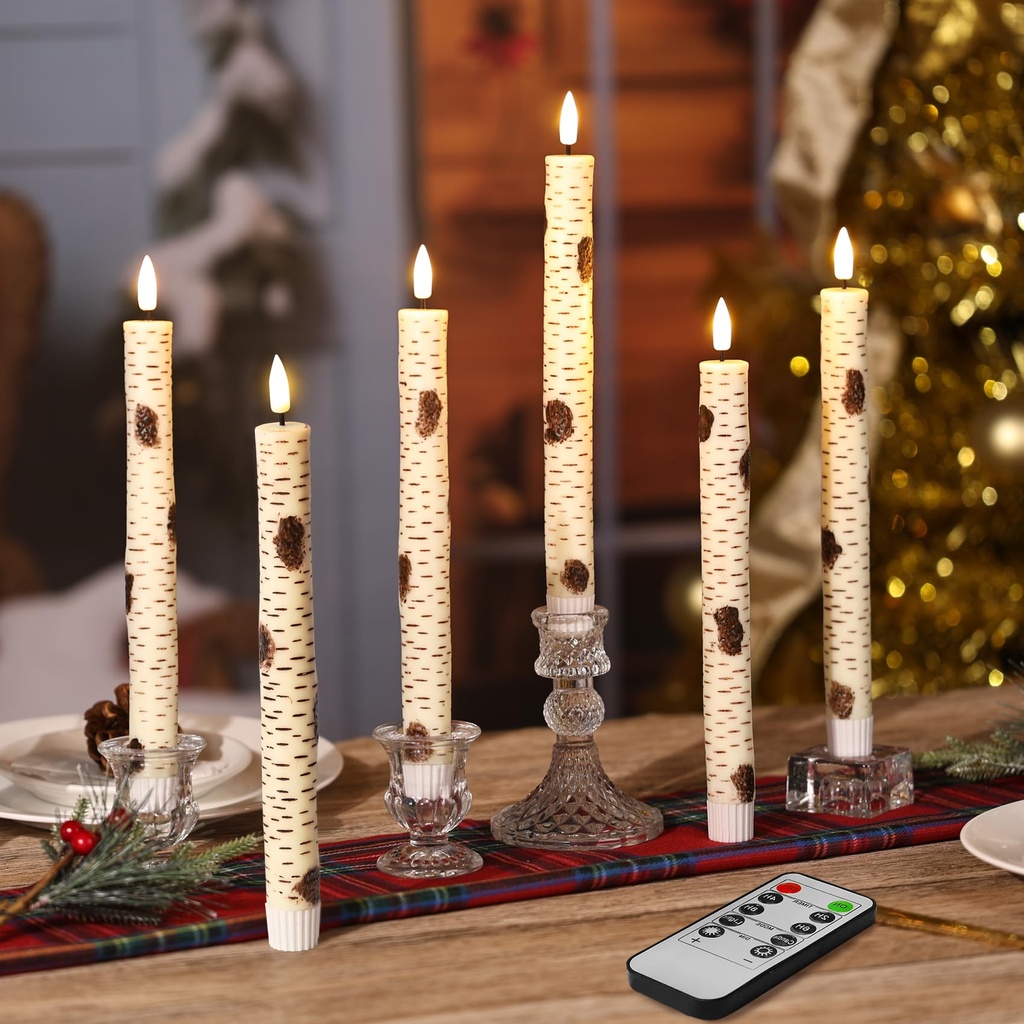 Eywamage Birch Bark Flameless Taper Candles with Remote, Battery Wood Candles, Flickering L