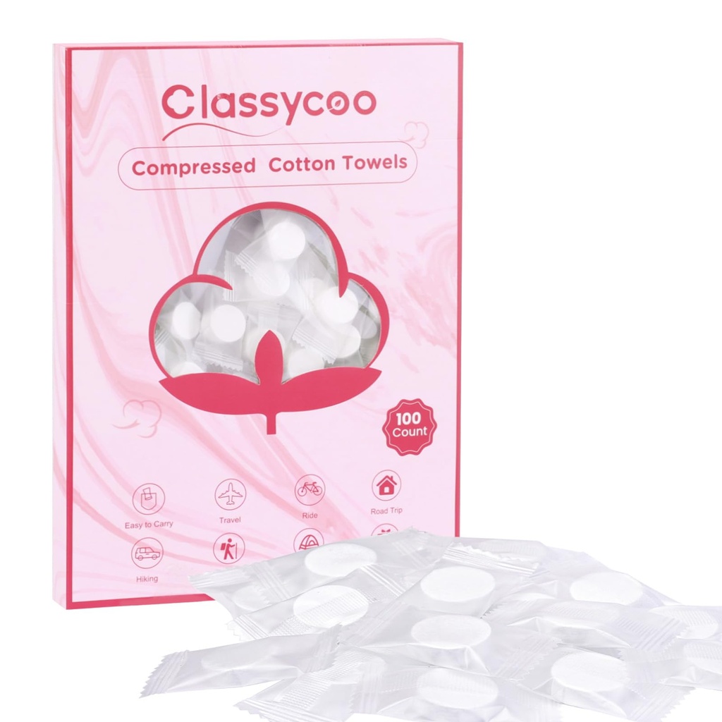 Classycoo Mini Compressed Towel -100 PCS Disposable Face Towel, Cotton Coin Portable Tissue