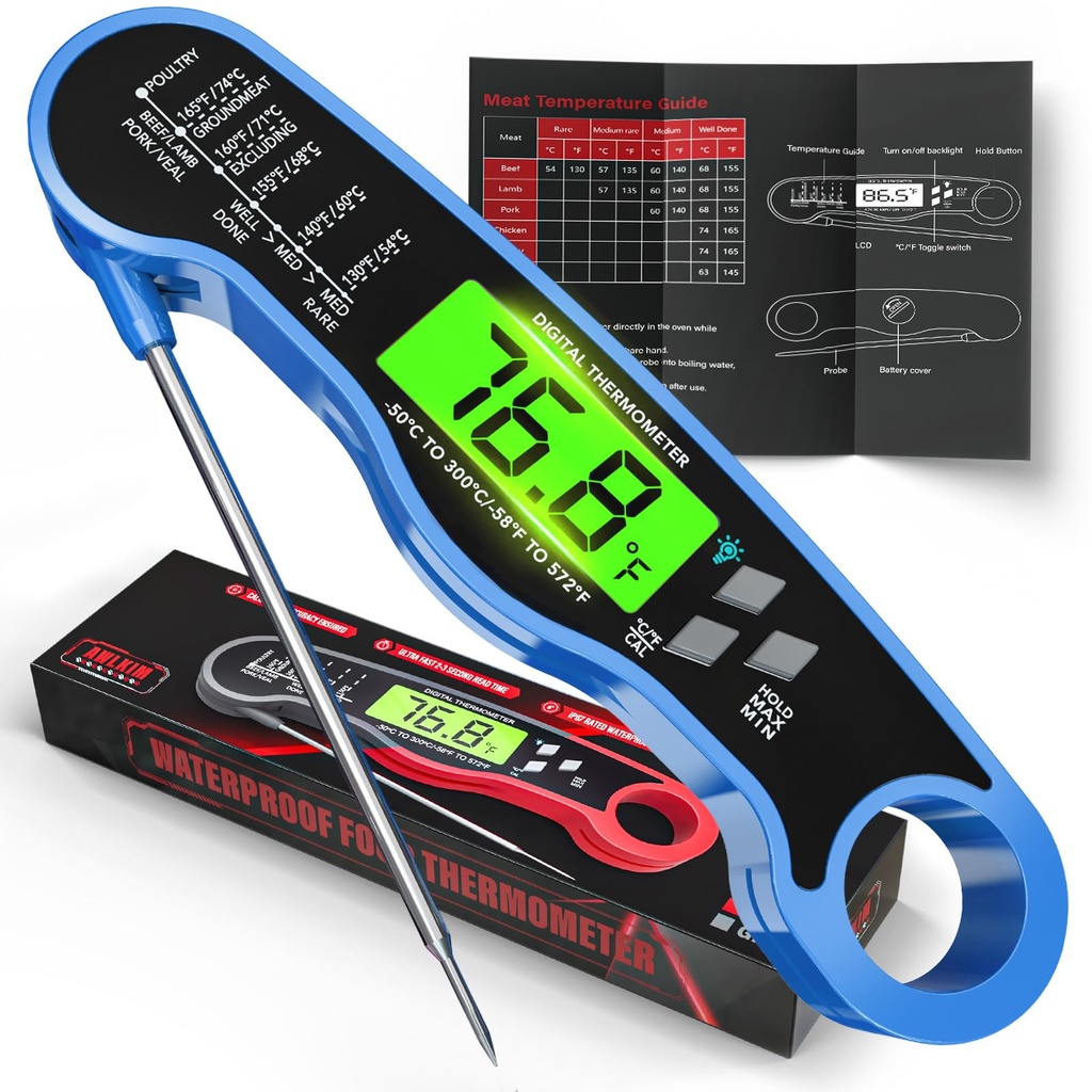 Instant Read Meat Thermometer Digital - Waterproof Food Thermometer with Backlight for Cooking