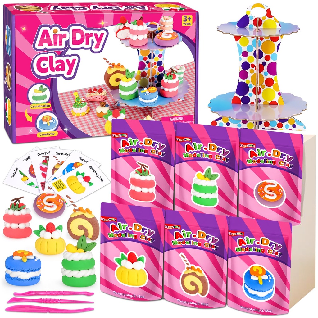 iFergoo Air Dry Clay - Dessert Making Kit, Desserts Theme, 6 Fun Designs with Display Stand