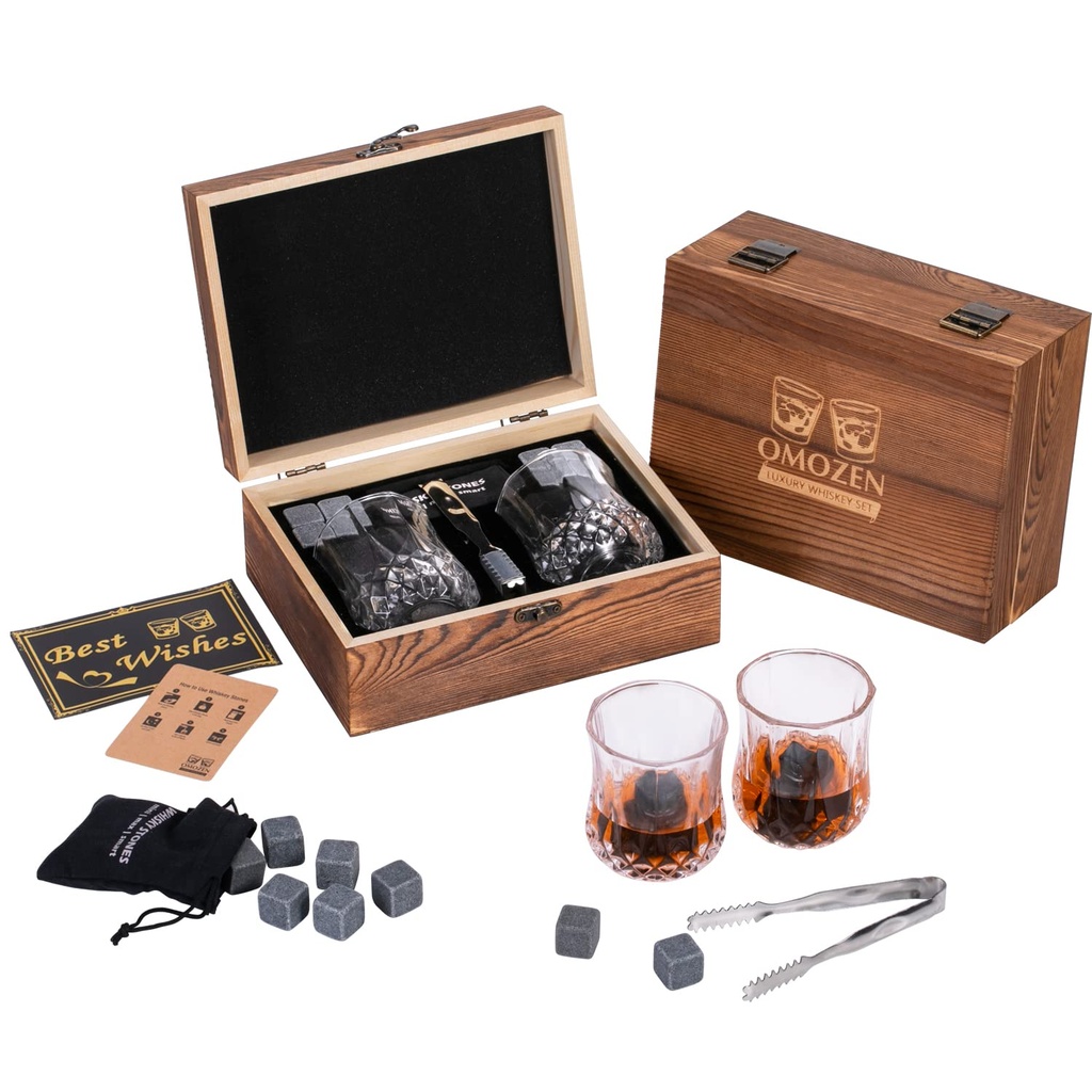 Whiskey Stones and Whisky glasses Gift Set for Men - 8 Whiskey Chilling Rocks - 2 Whiskey S