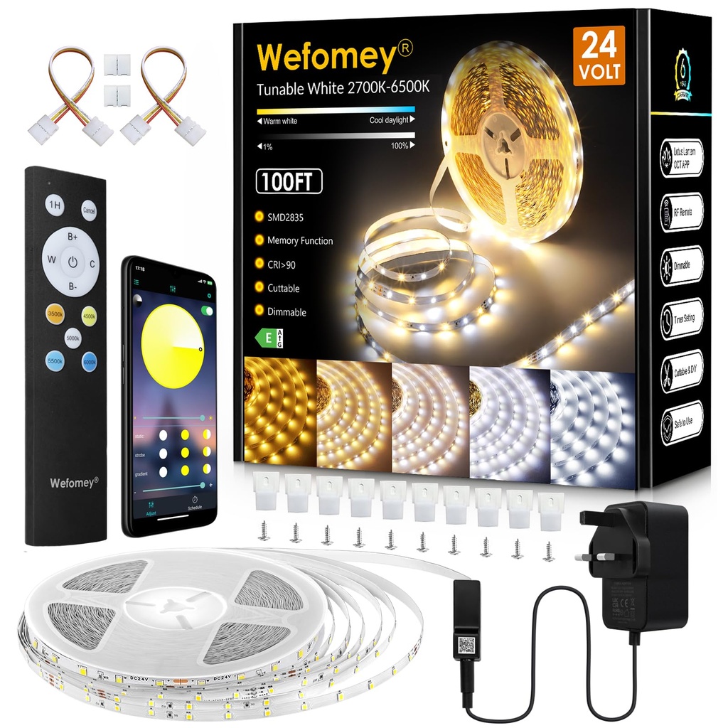 Wefomey White LED Strip Light, 30M Dimmable Bright 24V Led Tape Light with Remote and App 