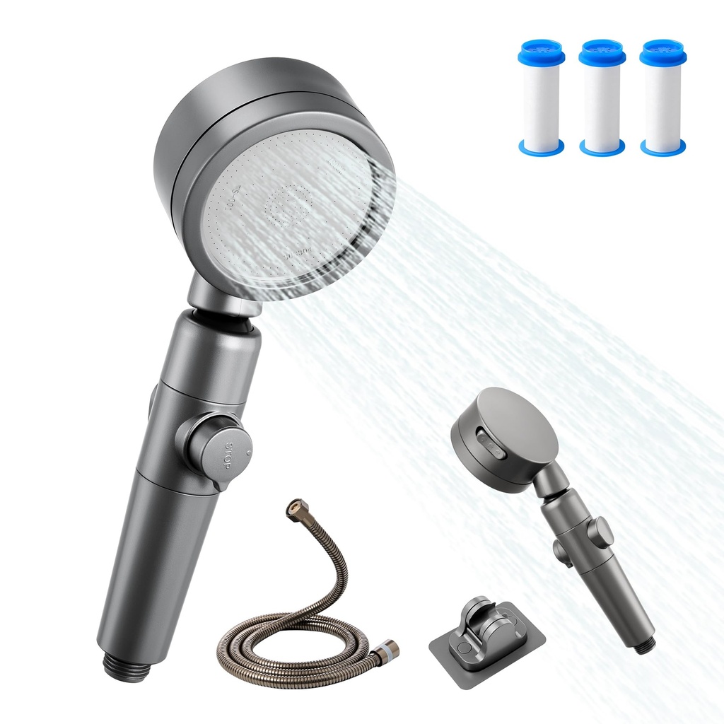 High Pressure Shower Head with Filter for Hard Water - Features 3 Spray Settings & Angle-Ad