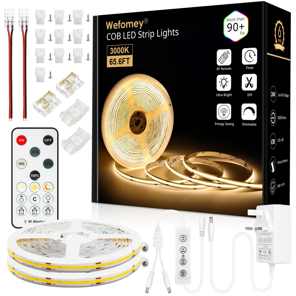 Wefomey 20M COB LED Strip Light with Remote, 3000K Dimmable Bright Warm White Led Lights 