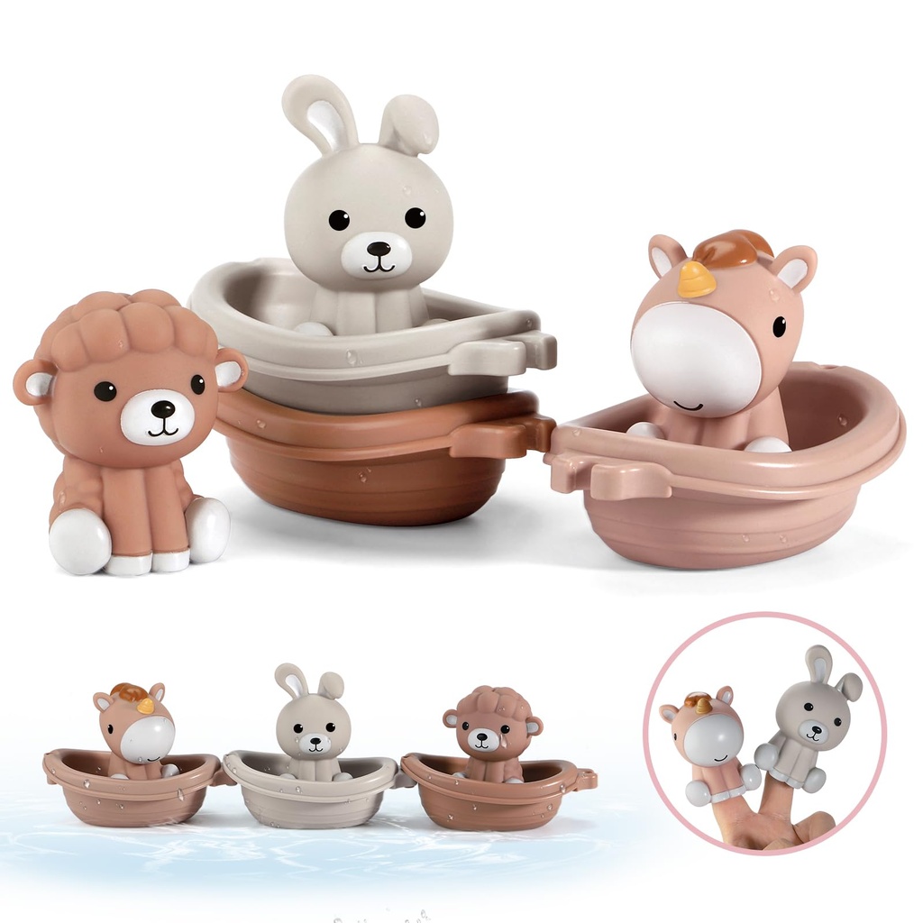 Nueplay Bathtime Fun for Little Girls: Animal Finger Puppets & Stacking Boat Train - 6pcs B