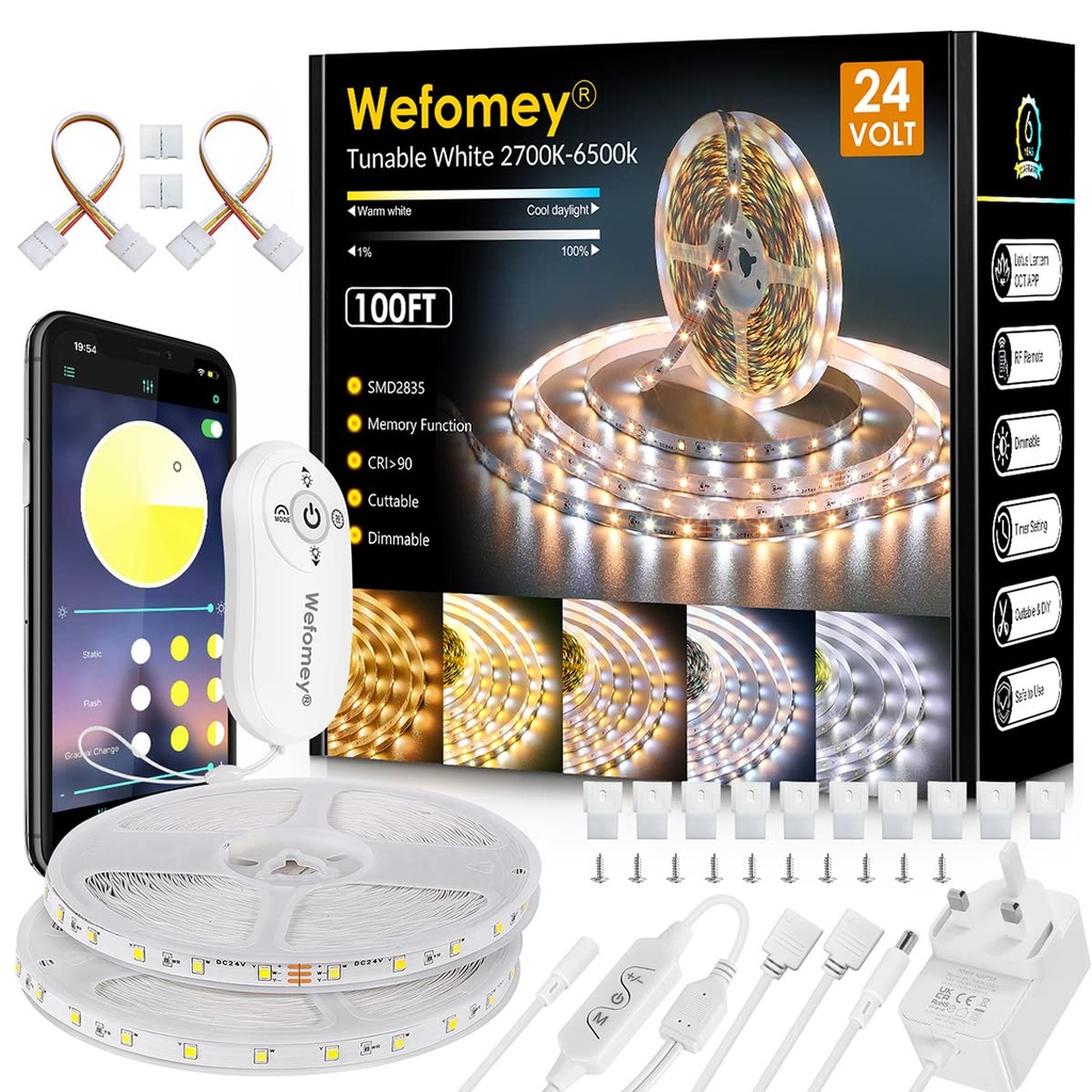 Wefomey 30M White LED Strip Light, Bright 24V LED Tape Light with Remote App Control, Warm