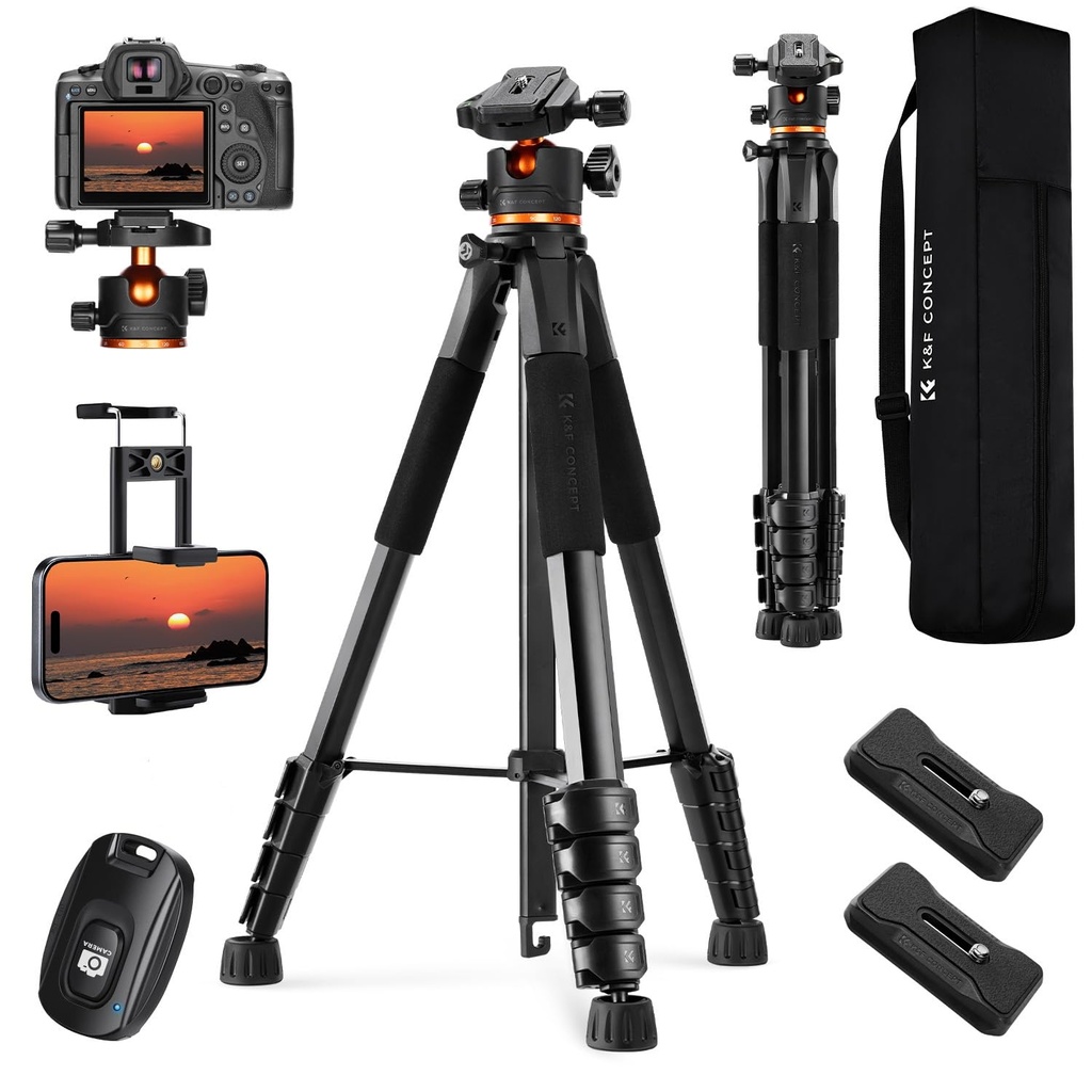 K&F CONCEPT 75 inch Camera Tripod, Lightweight Travel DSLR Tripods with 360 Degree Ball