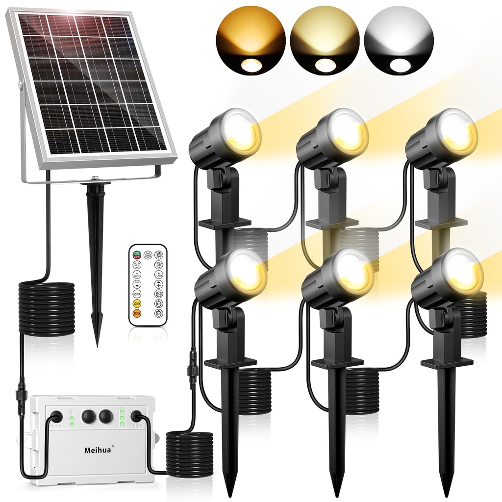 MEIHUA 6 in 1 Solar Spotlights Outdoor Garden, Solar Powered Spike Lights 2700K/4000K/6500K