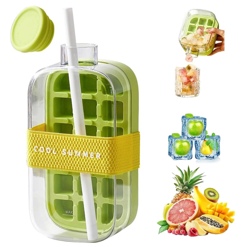 Ice Cube Bottle with Straw,2 in 1 Water Bottle Ice Cube Tray with Lid and Bin,One-Touch Ice