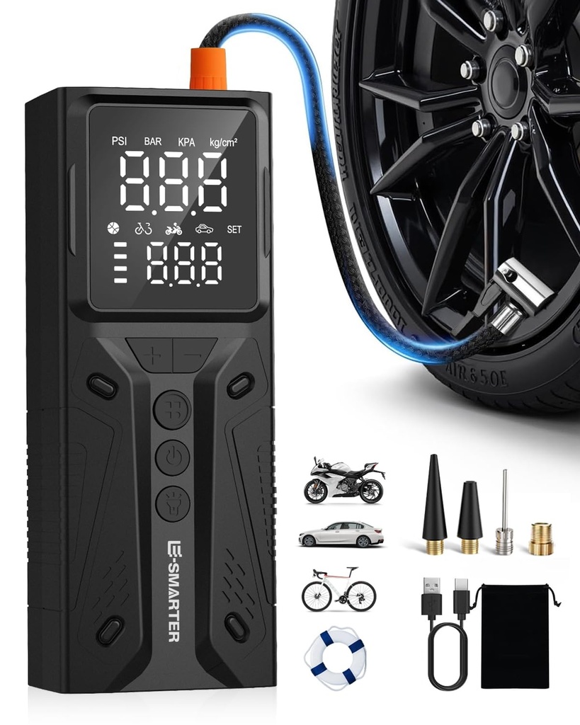 E-SMARTER Tyre Inflator Air Compressor, 6000mAh 150 PSI Bike Pump with Overinflate Protection