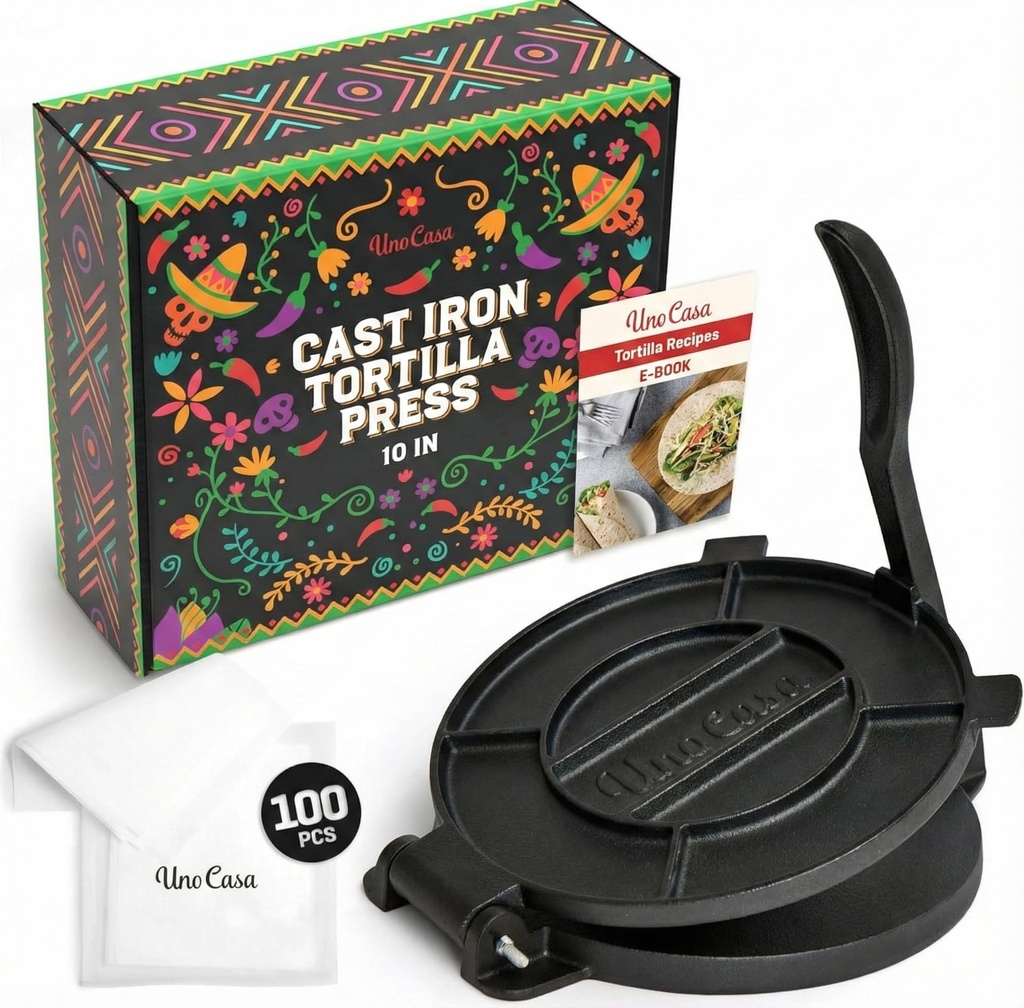 Uno Casa Cast Iron 10 Inch Tortilla Press - Roti and Tortilla Maker Press for Corn Dough -