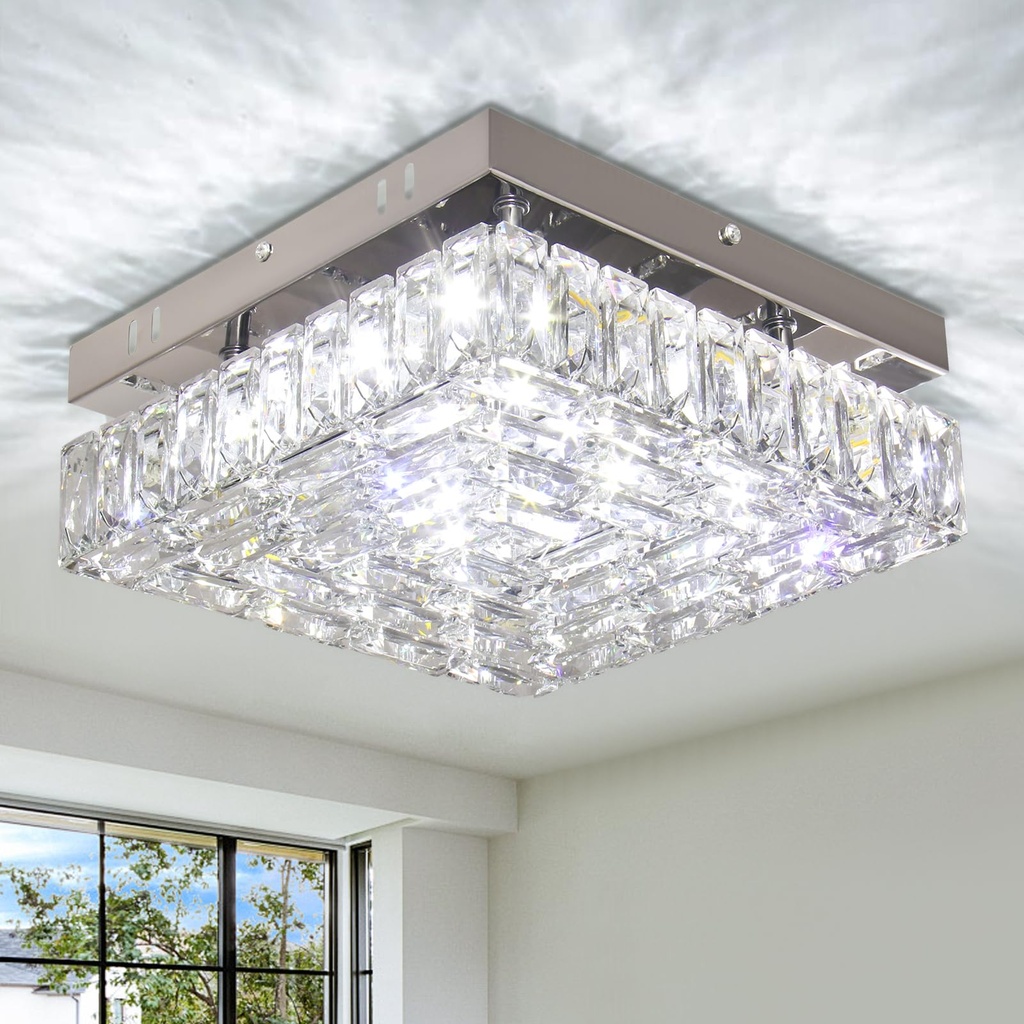 FRIXCHUR Square Flush Mount Crystal Chandelier LED Crystal Ceiling Light Modern Small Ceili