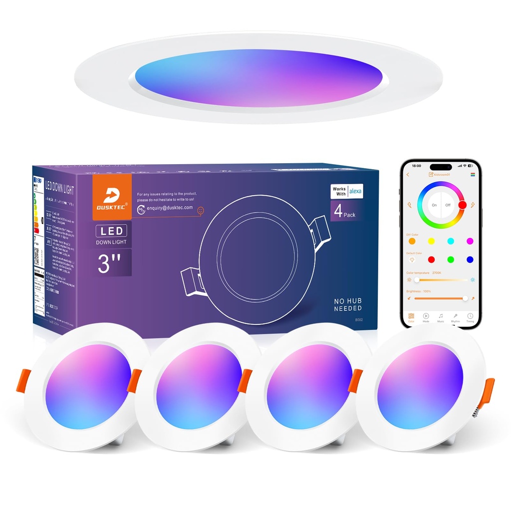 DUSKTEC Recessed LED Downlights Alexa, RGB Colour Spotlights Ceiling 2700K-6000K, 7W Warm W
