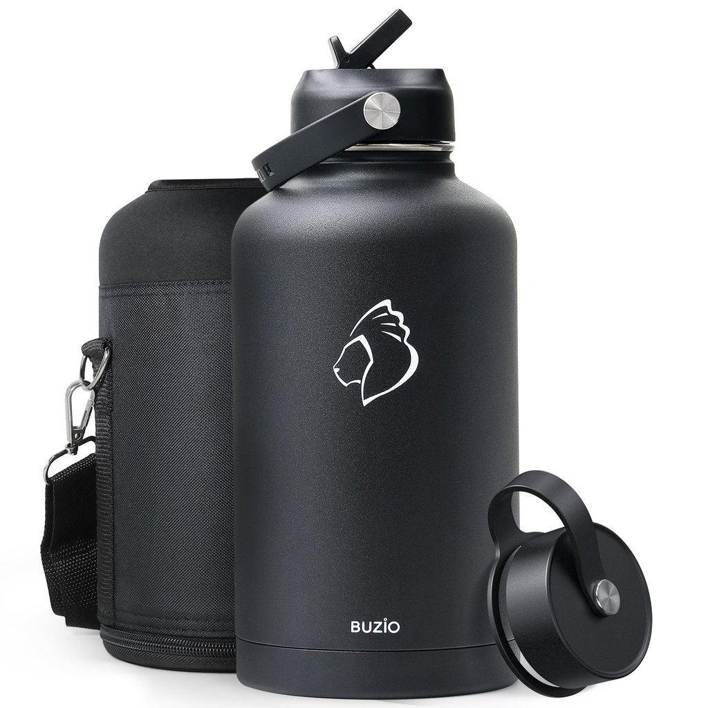 Stainless Steel Water Bottle 2L, BUZIO Vacuum Insulated Water Bottle with Straw Lid and Flex