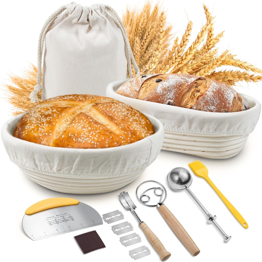 Banneton Proofing Basket, Sopito 9"Round& 10"Oval Sourdough Starter Kit, Natural Rattan 