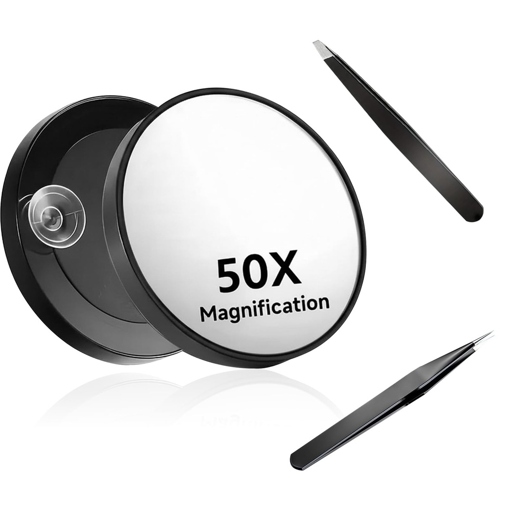 Uvwxba 50X Magnifying Makeup Mirror with Suction Cup & 2 Precision Tweezers - Compact Porta