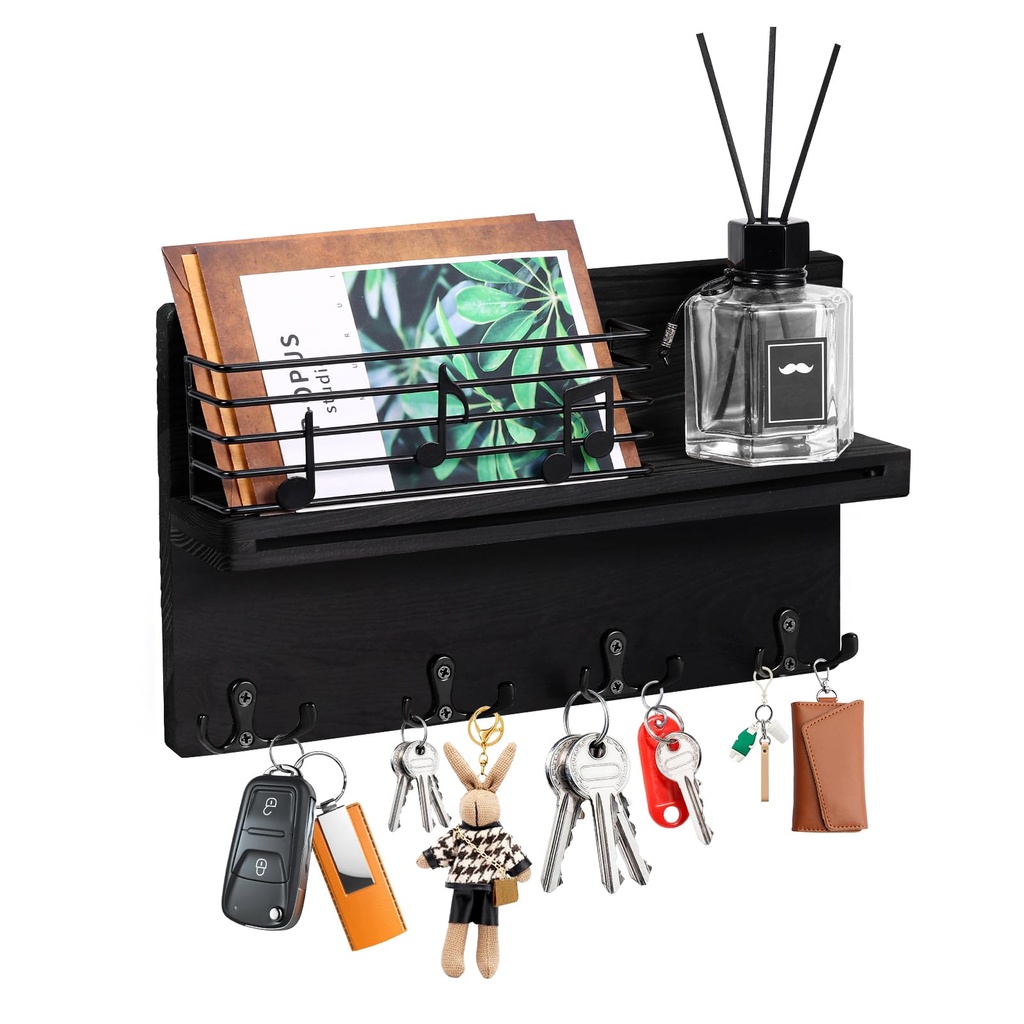 homdat Key Holder for Wall, Key Hanger Rack with 4 Double Key Hooks & Fence, Wall Mounted Wo