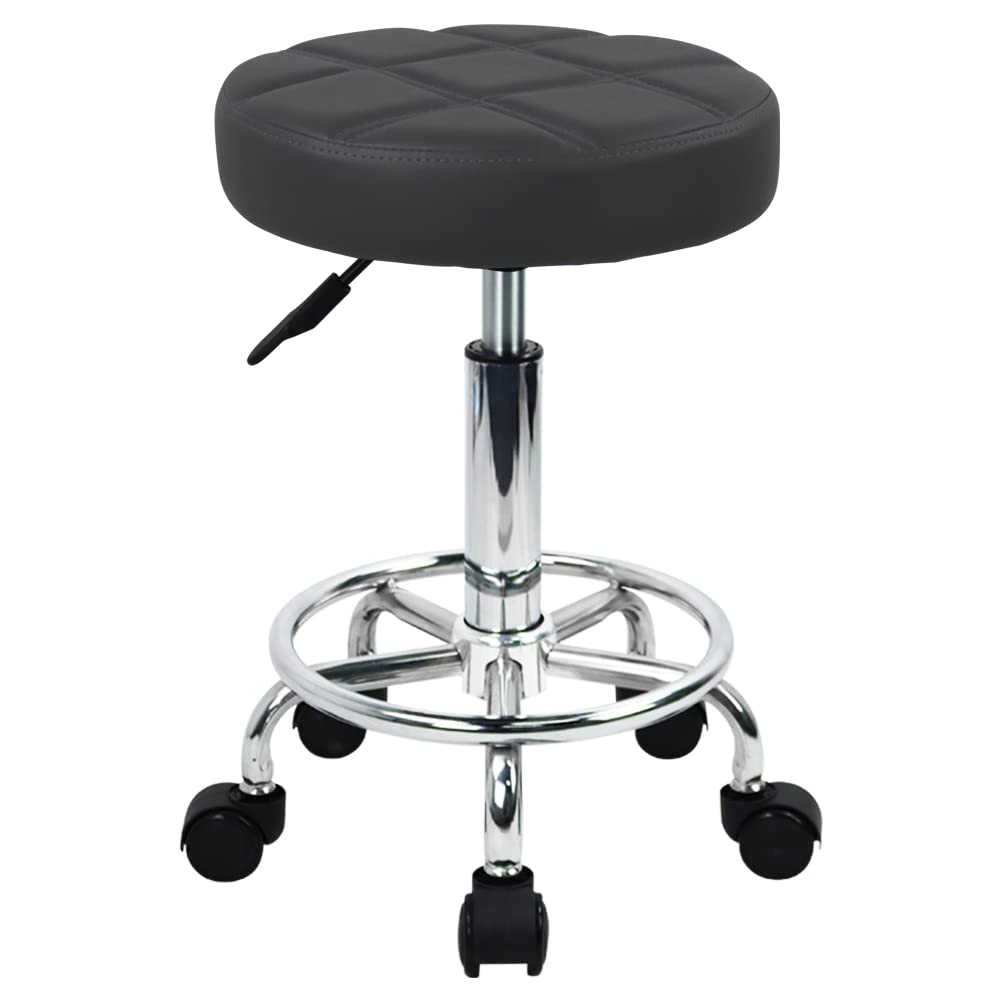 WKWKER PU Leather Round Rolling Stool Swivel Height Adjustment Home Office Drafting Lab Kitchen