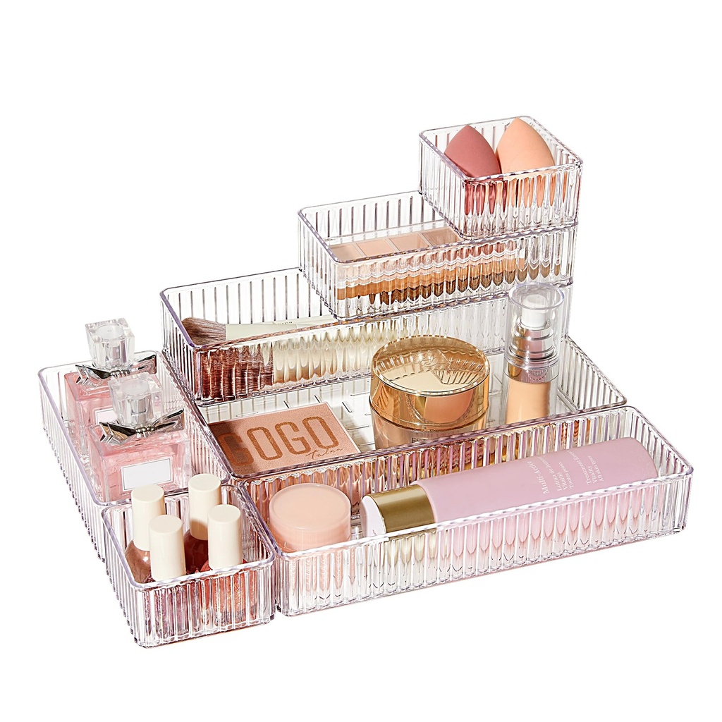 Vtopmart 7 Pack Reeded Drawer Organiser, 4 Size Stackable Makeup and Vanity Drawer Organise
