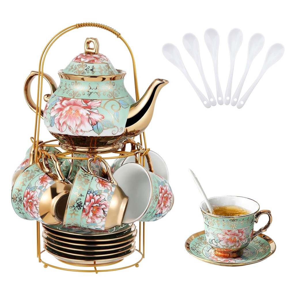 Tea Cup Set with Metal Holder and Saucer, 20PCS European Ceramic Tea Sets for Adults, Flower 