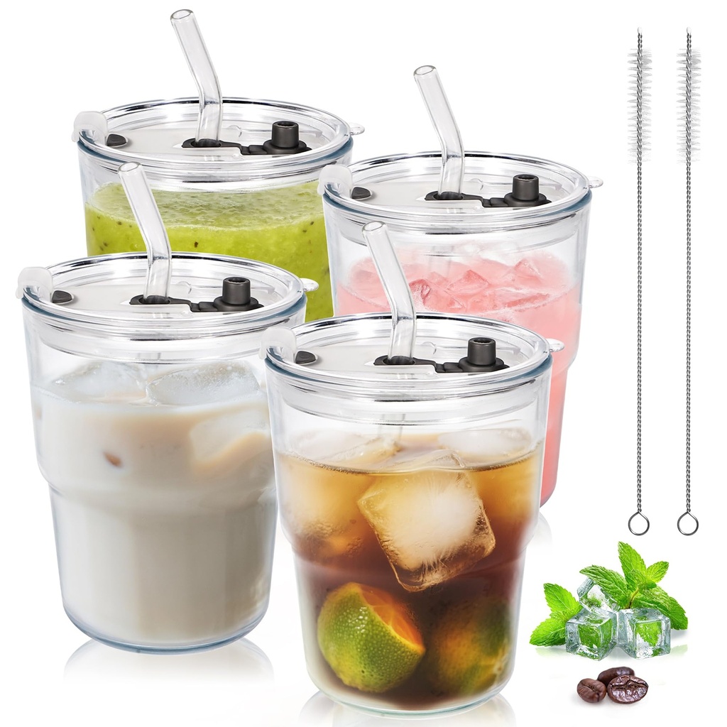 YupURStyle 13oz Glass Tumbler with Straw and Lid, Leakproof Sealable Travel Cup, 400ml Insul