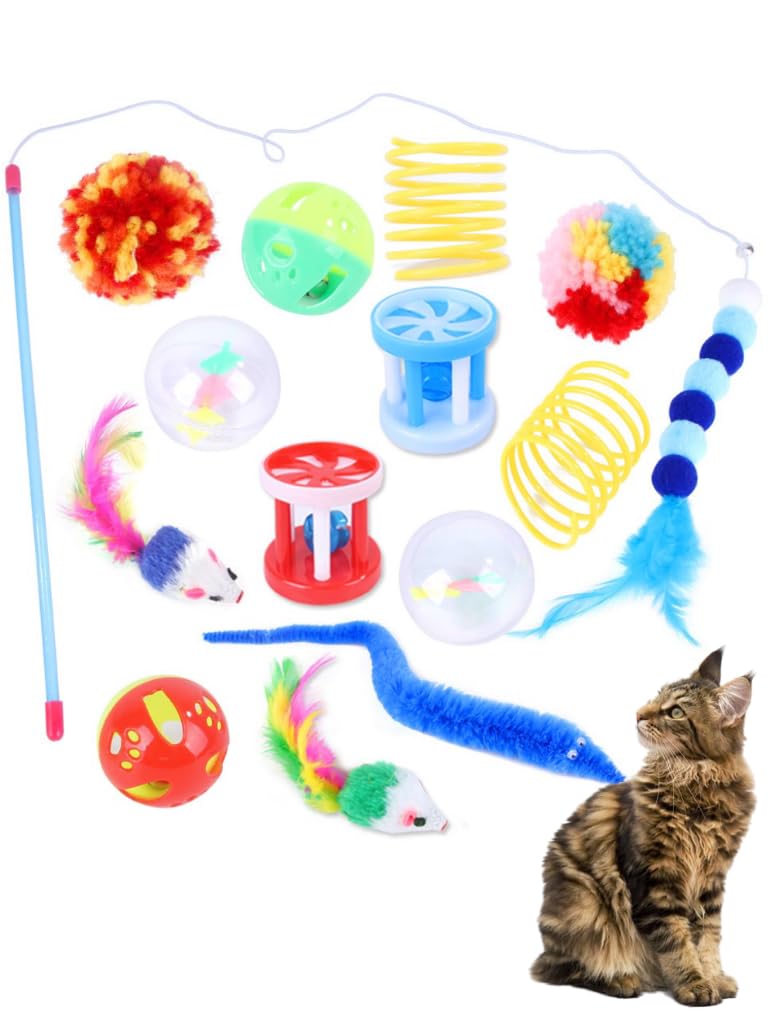 DERDOUT 14 Pcs Cat Toys for Indoor Cats Adults Kitten Toy Interactive Cat Feather Teaser Wa