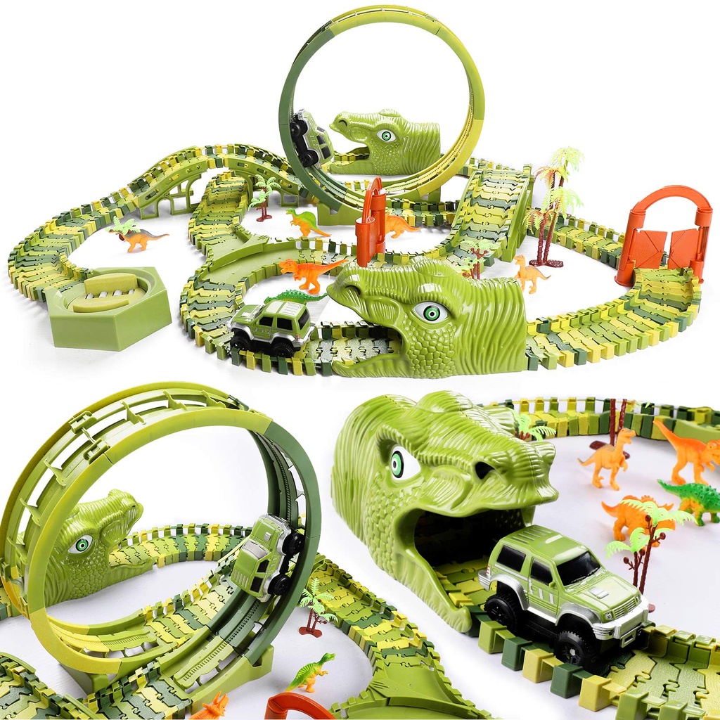 burgkidz Dinosaur Race Tracks Play Vehicles Toys Set, 387 Pcs Flexible Dinos Train Tracks
