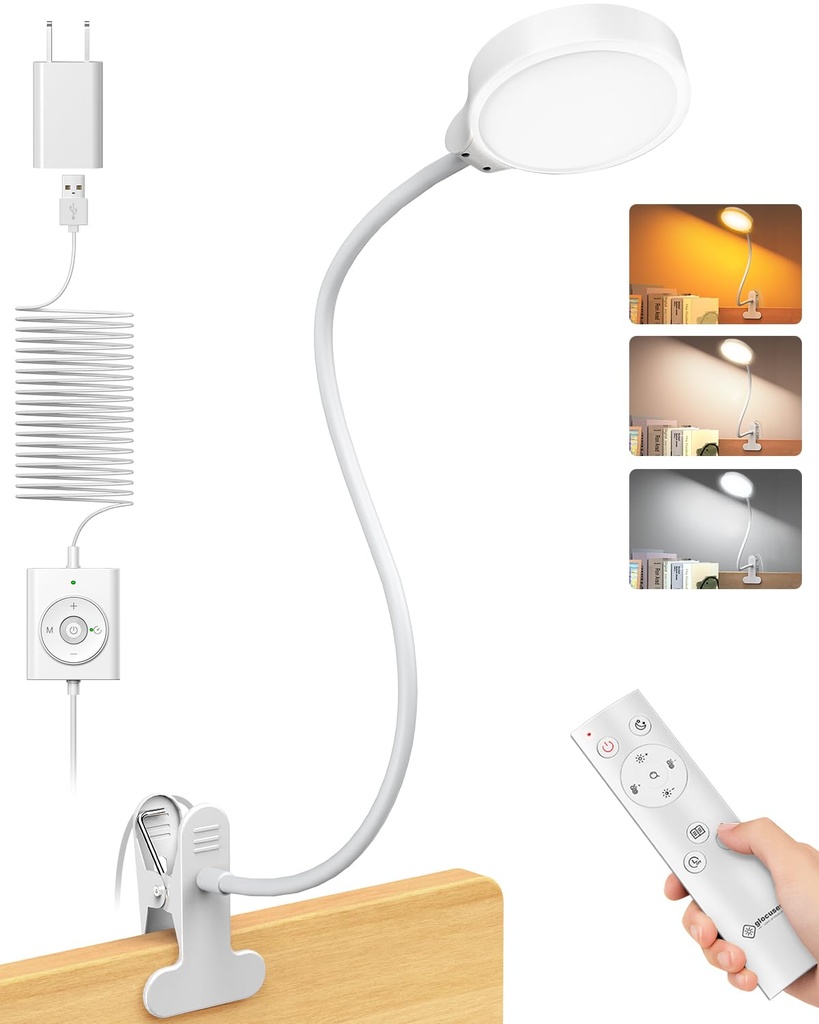 Glocusent 5W Clip on Light, 36 LED Eye Caring Reading Light for Bed, 3 Colors & 5 Brightness