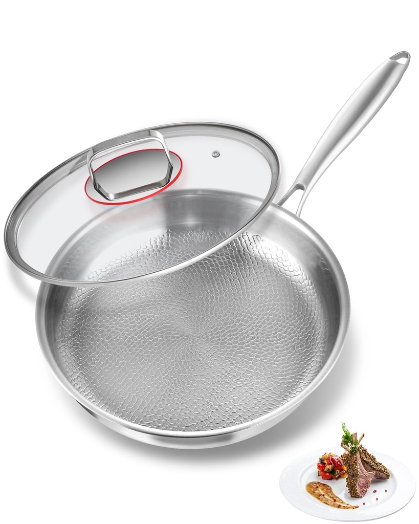 Abijan Stainless Steel Frying Pan with Lid, Titanium Frying pan, 5-Ply Construction Stainle