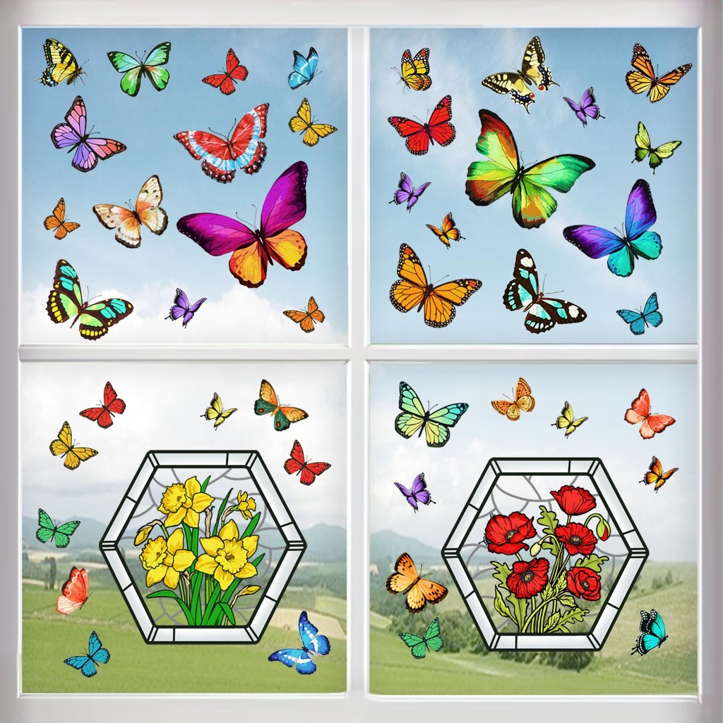 52 Pcs Butterfly Window Stickers Floral Butterfly Window Stickers | Double-Sides Window Cli
