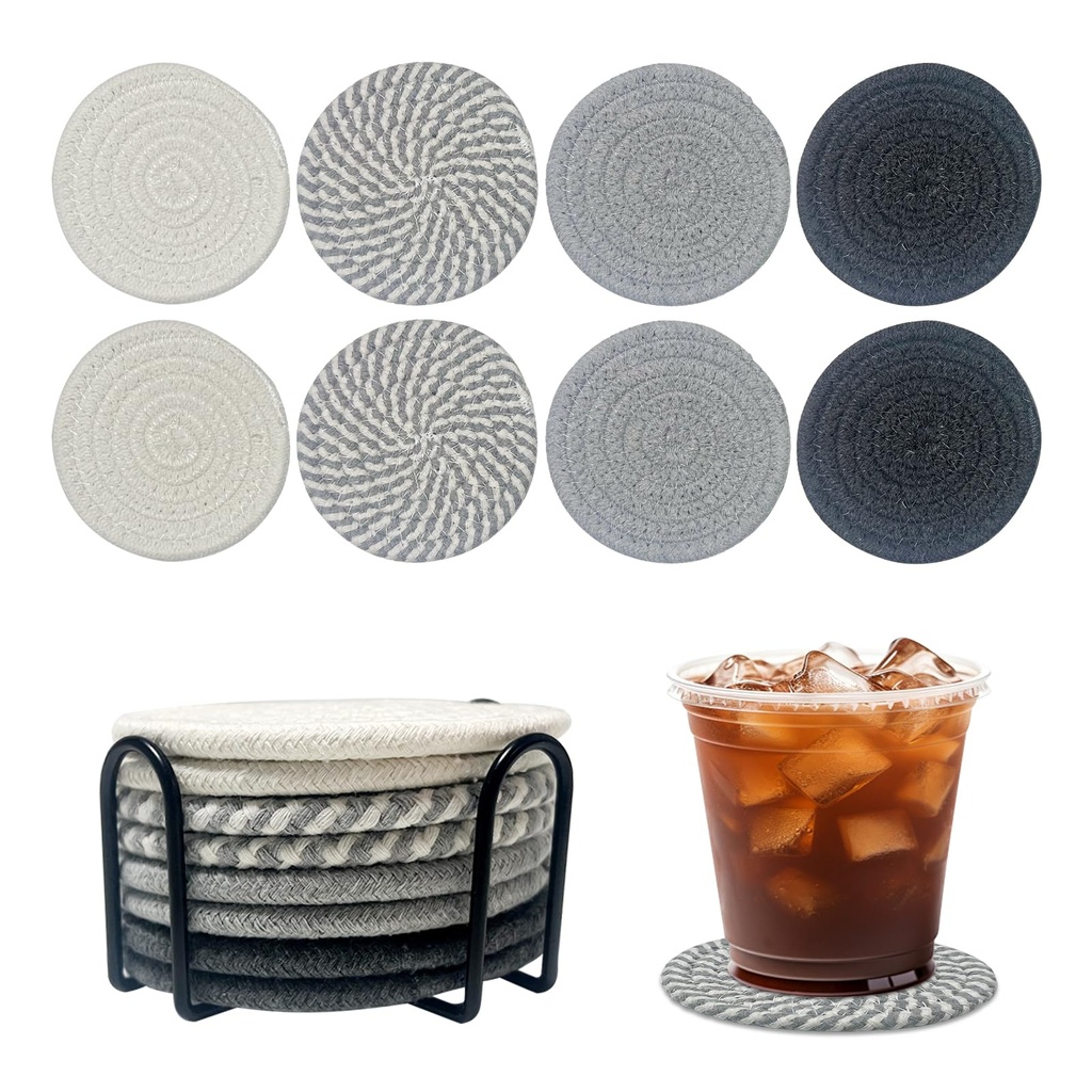 Acuxiaza Coaster With Holder 4.3 inch Woven Coasters Set of 8 Grey Cotton Absorbent Coaster