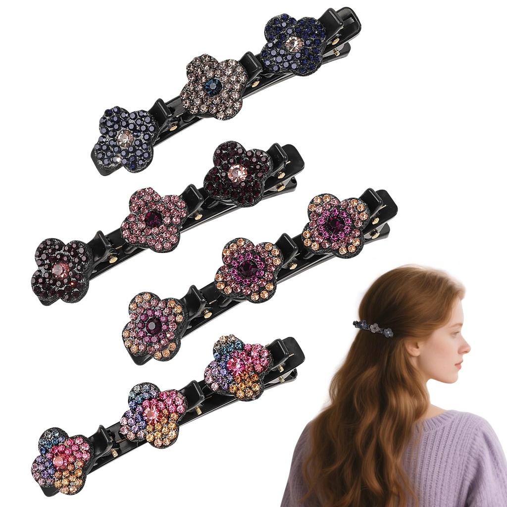 Glittering Crystal Stone Braided Hair Clips, 4 Pcs Hummingbird Rhinestone Hair Clip with Cr