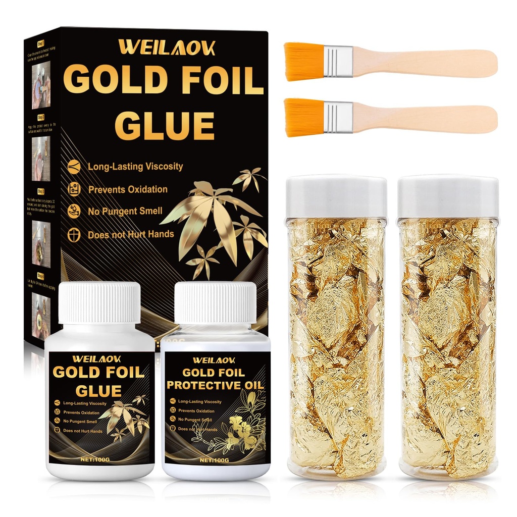 WEILAOK Gold Leaf Kit, Gold Foil Glue, Adhesive, Foil for Arts Craft Painting, 20G*2, 100G