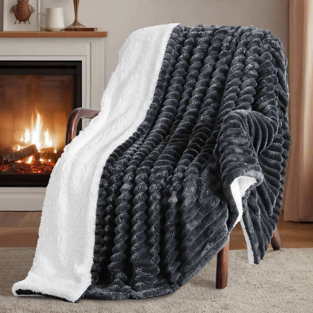 RUIKASI Bubble Sherpa Fluffy Throw Blanket Double - Navy Blue Winter Blanket Double Bed Thi