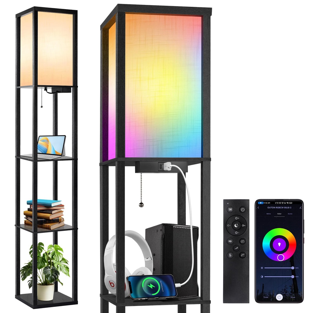 OUTON RGB Floor Lamp with Shelves, Dimmable Floor Lamp with Remote & App