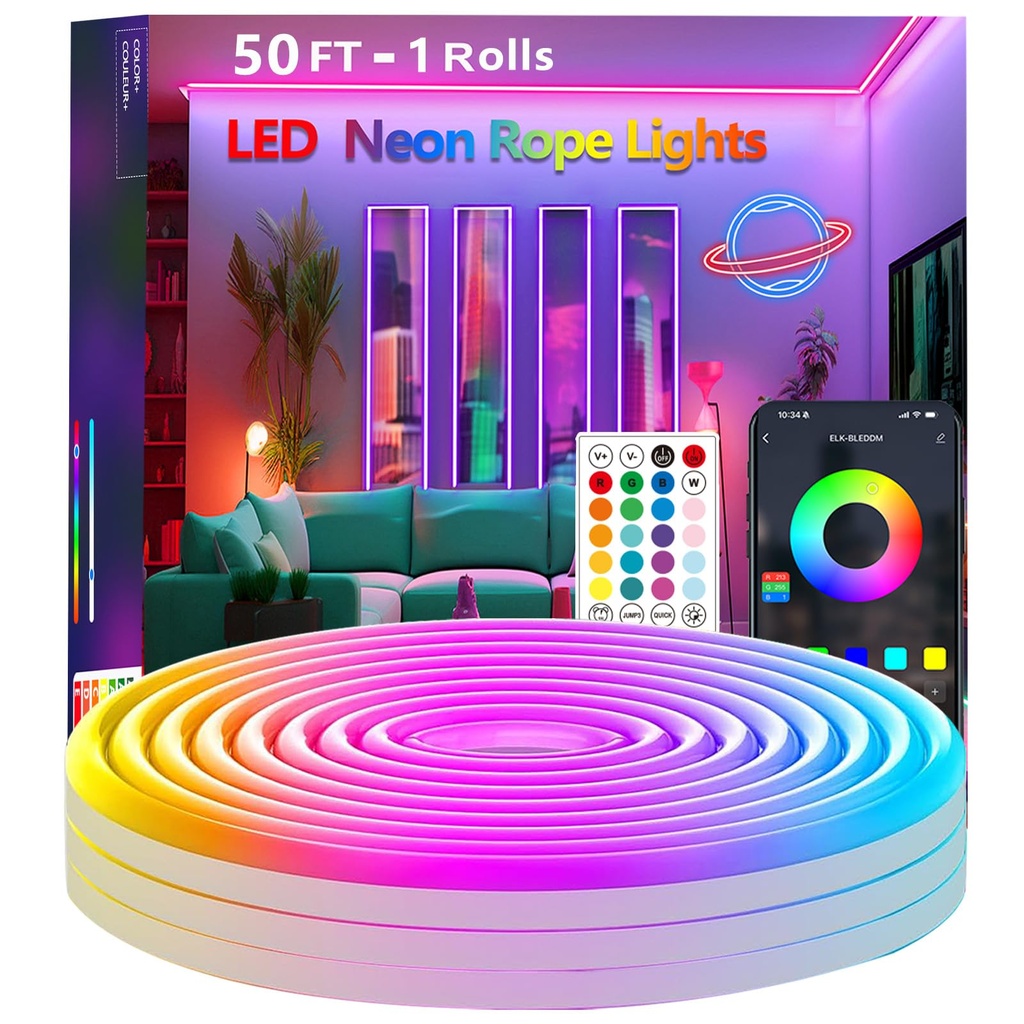 httpsmp 15m Neon Rope Light, Flexible Led Lights Control with App/Remote, Multiple Modes
