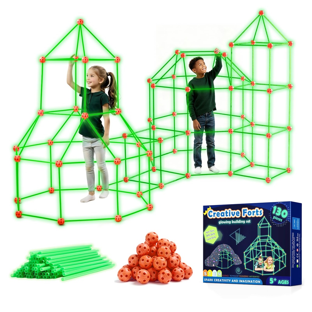 Tiny Land 130 Pcs Fort Building Kit for Kids - Glow in the Dark, Kids Construction Toys 