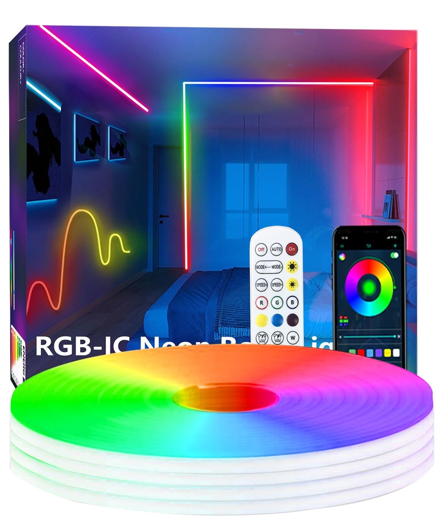 httpsmp 10m Neon Rope Light, Ws2811 RGB+IC Flexible Led Lights Control with App/Remote